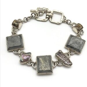 Janice Lee Ripley JLR Gray Metallic Stone & Abalone Chunky Link Toggle Bracelet